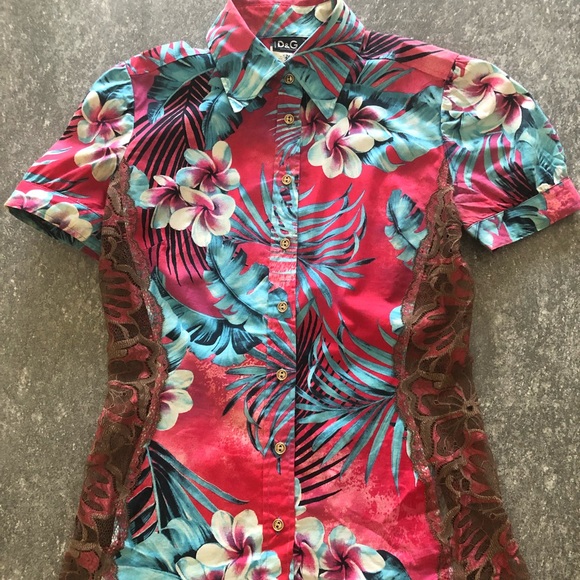 D&G Tops - D&G Tropical Button Down with Lace Detail